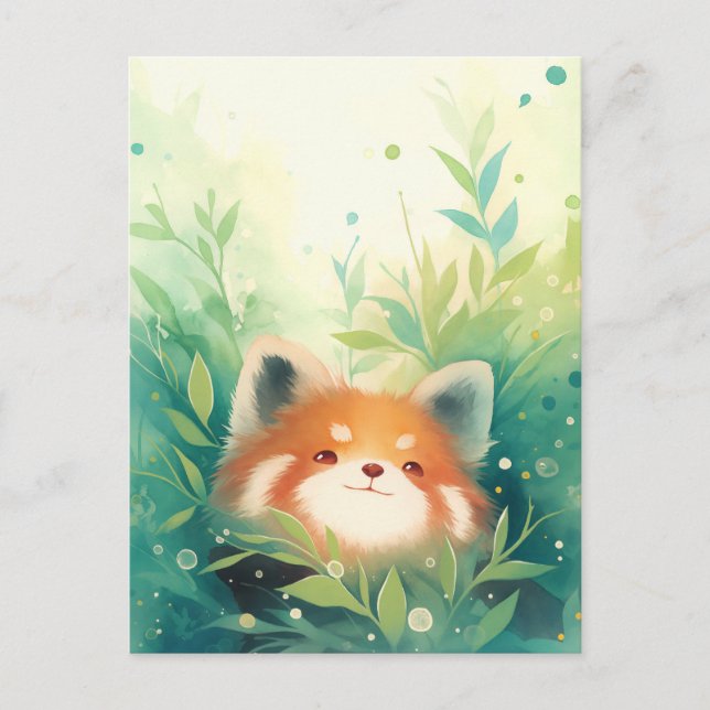 Happy Red Panda in Green Garden Postcard (Front)