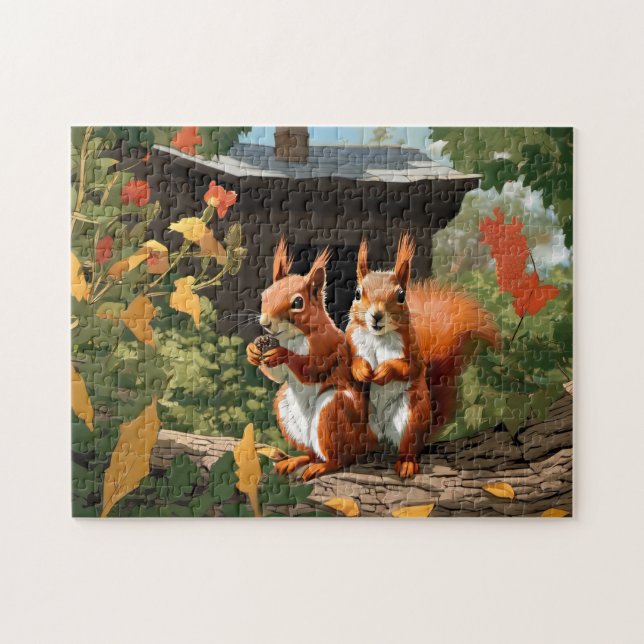 Happy Red Squirrels in a Tree House  Jigsaw Puzzle (Horizontal)