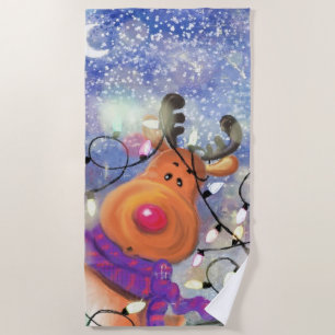 Happy Reindeer Christmas Beach Towel