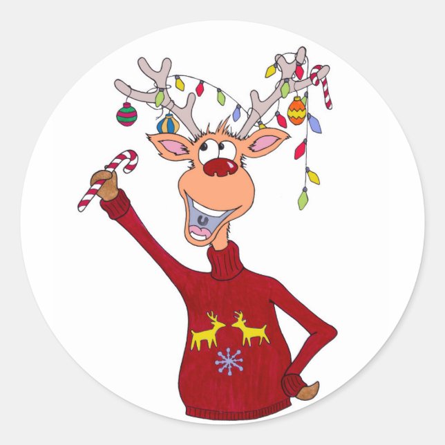 Happy Reindeer Classic Round Sticker (Front)