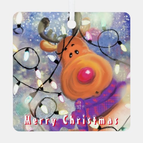 Happy Reindeer _ Merry Christmas _ Drawing Fun Metal Ornament