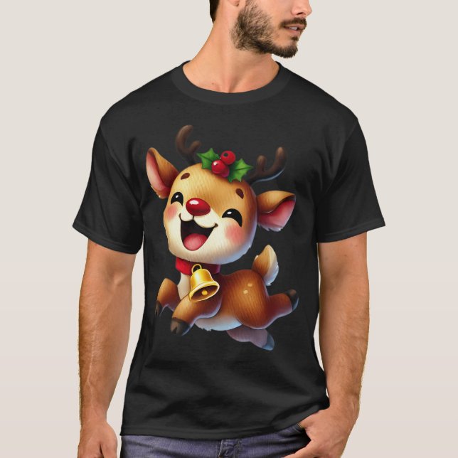 Happy Reindeer With Jingle Bell Art T-Shirt (Front)