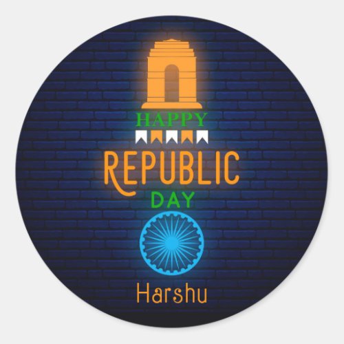 Happy Republic Day India Neon Classic Round Sticker