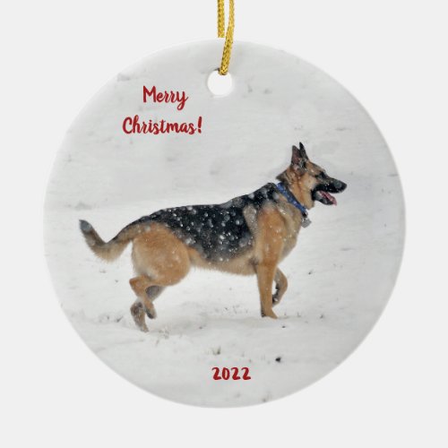 Happy Rescue German Shepherd Dog in Winter Snow  Ceramic Ornament