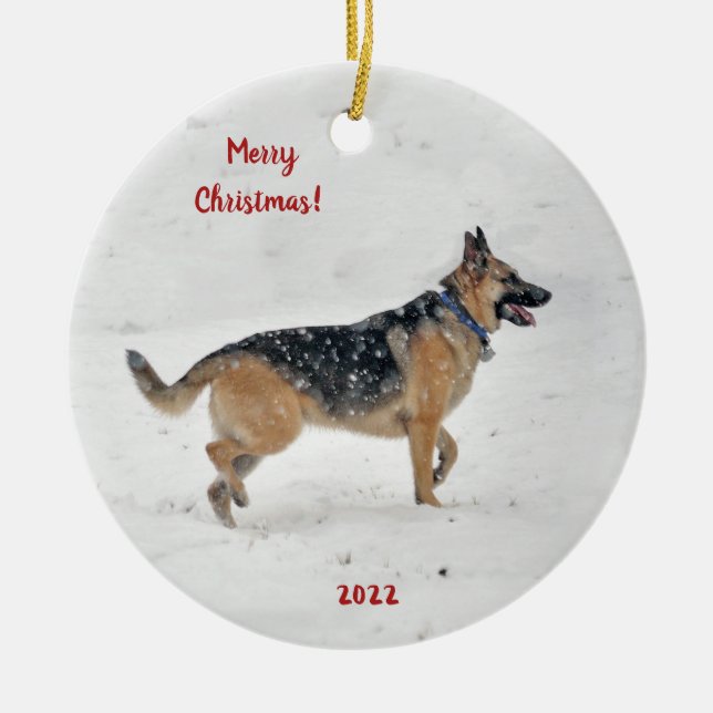 Happy Rescue German Shepherd Dog in Winter Snow  Ceramic Ornament (Front)