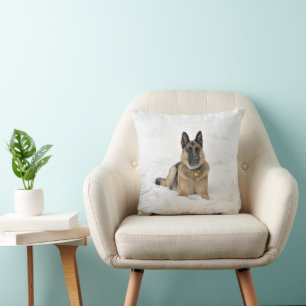 Happy Rescued German Shepherd Dog Playing in Snow Throw Pillow
