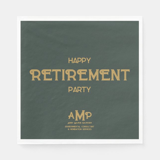 Happy Retirement  3 Letter Gold Monogram on Green Napkins (Front)