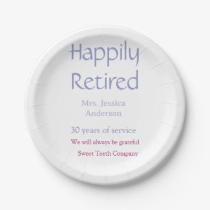 Happy retirement add name years of service purple paper plates