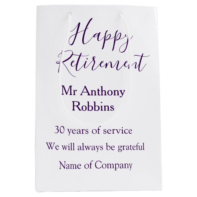 Happy retirement add name years of service retired medium gift bag (Front)