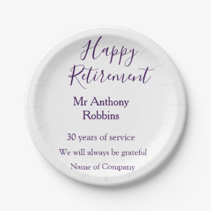 Happy retirement add name years of service retired paper plates