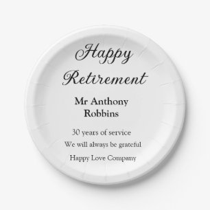 Happy retirement add name years of service retired paper plates