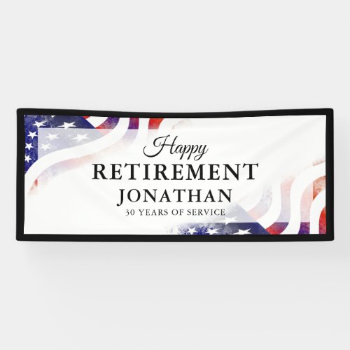 Happy Retirement Amercian Flag Banner - This retirement party banner offers a patriotic theme. The design features an abstract American flag background. Personalize with the name of the honoree.