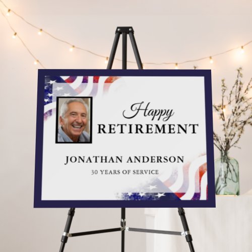 Happy Retirement American Flag Photo Foam Board - This photo retirement party sign offers a patriotic theme. The design features an abstract American flag background. Personalize with a photo and the name of the honoree.