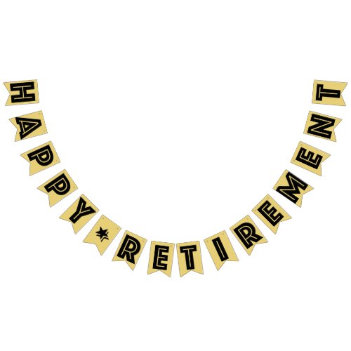 HAPPY RETIREMENT BANNER Black Text On Old Gold Bunting Flags