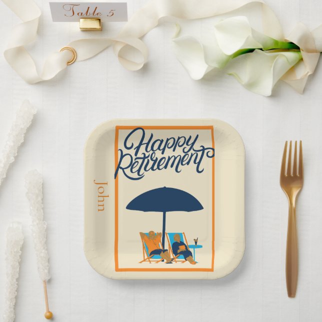 Happy Retirement Beach Monogram Name Paper Plates (Wedding)