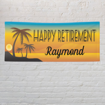 Happy Retirement Beach Scene With Palm Trees Banner by Sideview at Zazzle