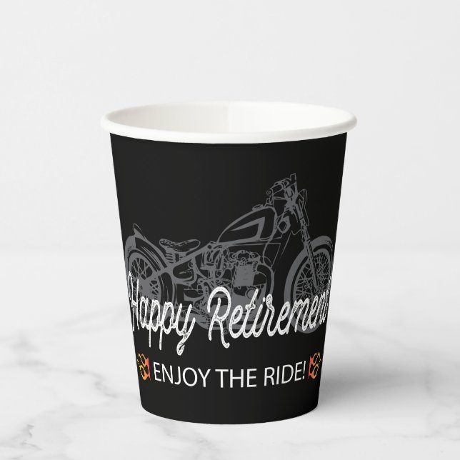 Happy Retirement Biker with Motorcycle and Flames Paper Cups (Left)