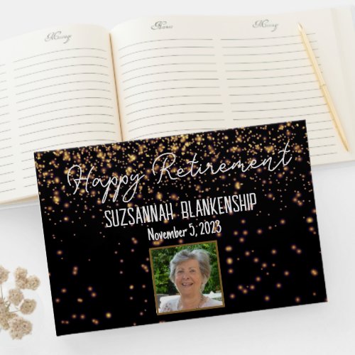 Happy Retirement Black and Gold Custom Photo Guest Book