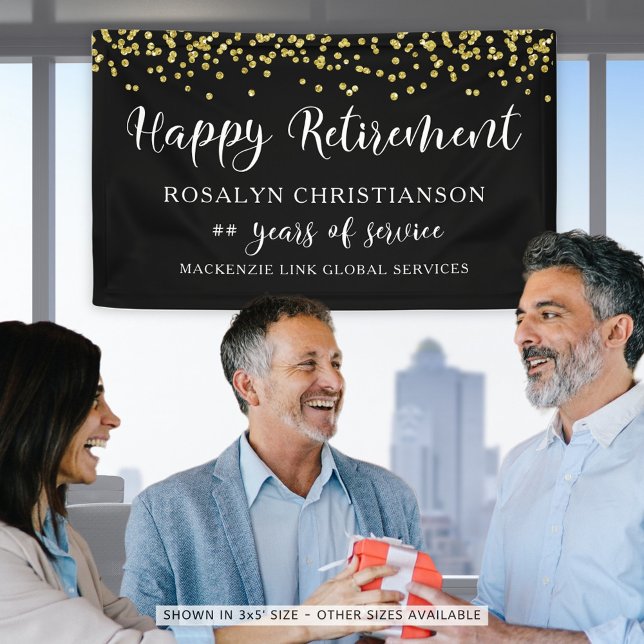 Happy Retirement Black Gold Confetti Script Banner (Creator Uploaded)
