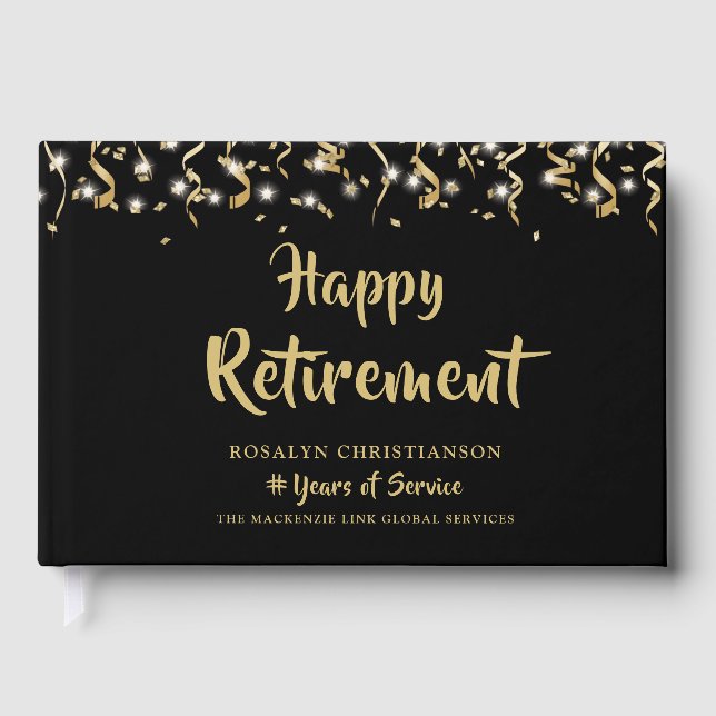 Happy Retirement Black Gold Confetti Streamers Guest Book (Front)