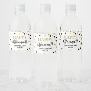 Happy Retirement Black Gold Confetti Water Bottle Label