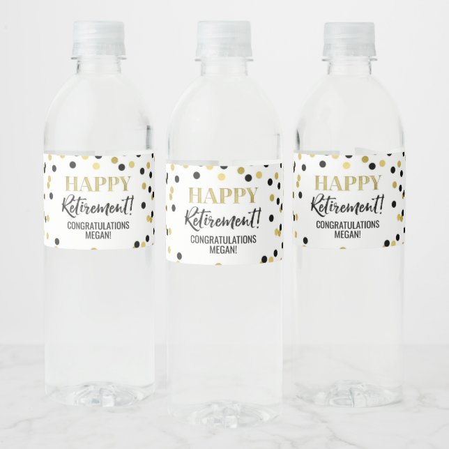 Happy Retirement Black Gold Confetti Water Bottle Label (Bottles)