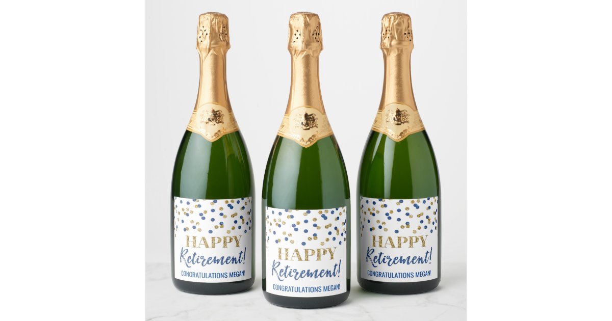 Happy Retirement Blue Gold Confetti Champagne Label | Zazzle