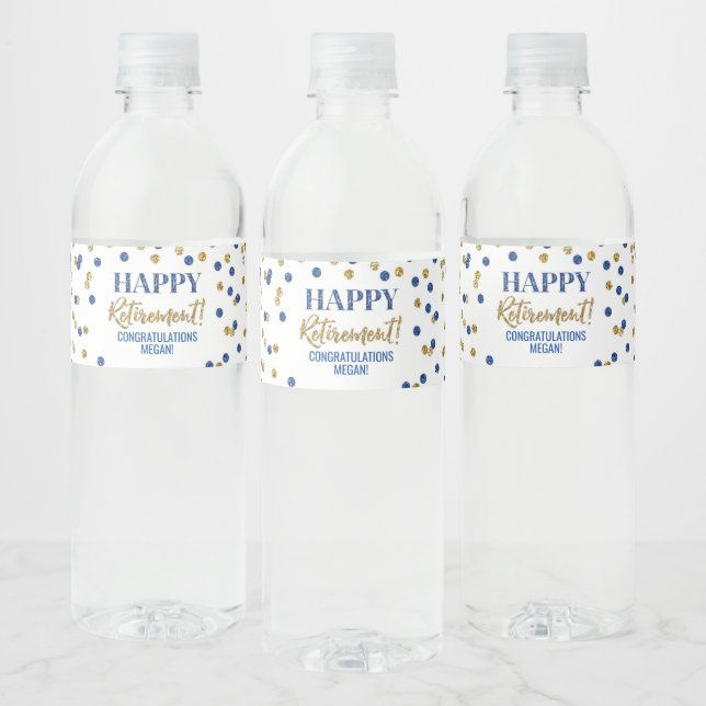 Happy Retirement Blue Gold Confetti Water Bottle Label (Bottles)