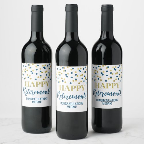 Happy Retirement Blue Gold Confetti Wine Label