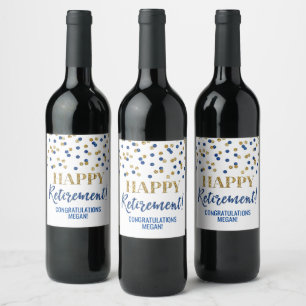Happy Retirement Blue Gold Confetti Wine Label