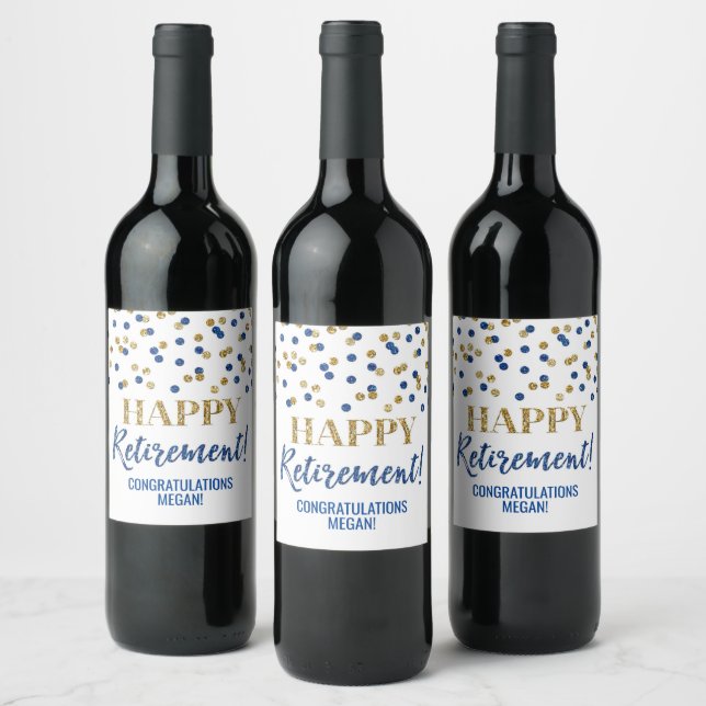 Happy Retirement Blue Gold Confetti Wine Label (Bottles)