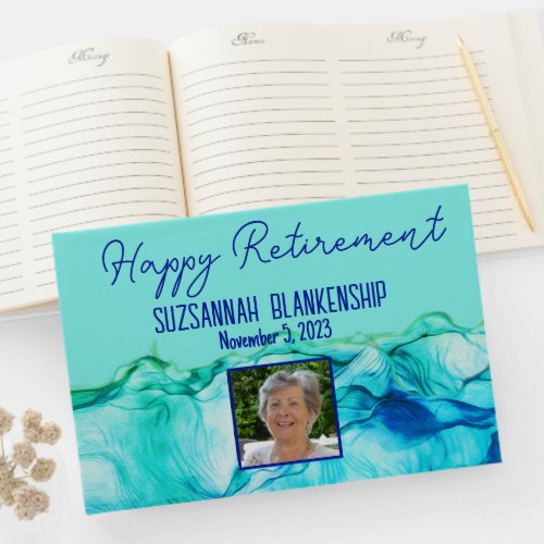 Happy Retirement Blue Green Watercolor Custom  Guest Book