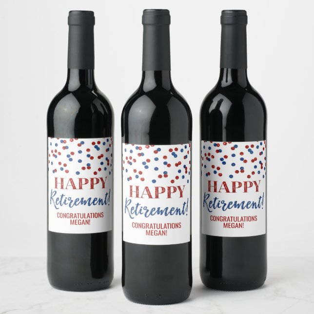 Happy Retirement Blue Red Confetti Wine Label (Bottles)
