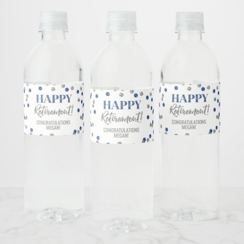 Happy Retirement Blue Silver Confetti Water Bottle Label