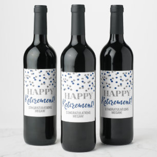 Happy Retirement Blue Silver Confetti Wine Label