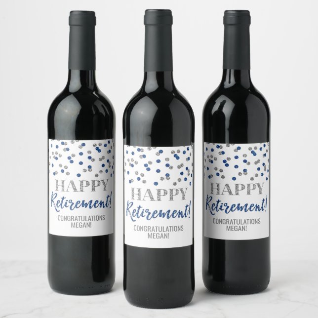 Happy Retirement Blue Silver Confetti Wine Label (Bottles)
