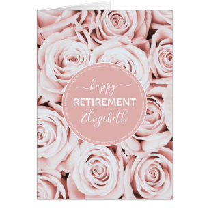 Happy Retirement blush pink floral script name Cards