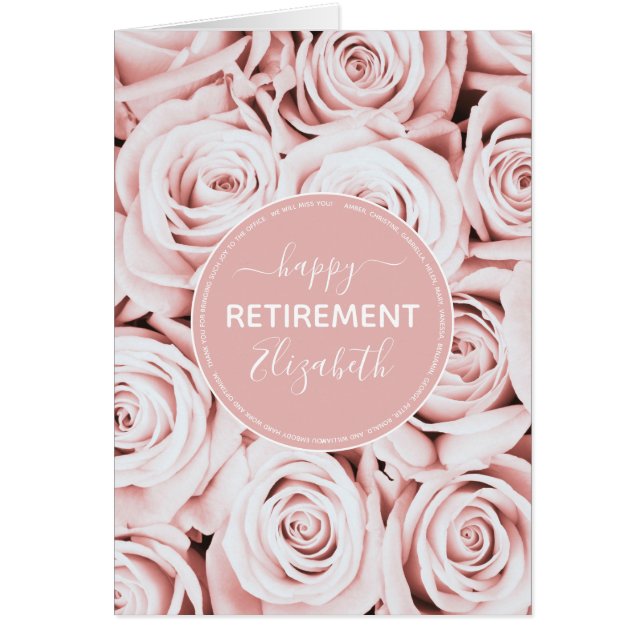 Happy Retirement blush pink floral script name Cards (Front)