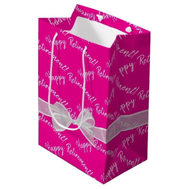 Happy Retirement Bow On Hot Pink Medium Gift Bag (Front Angled)