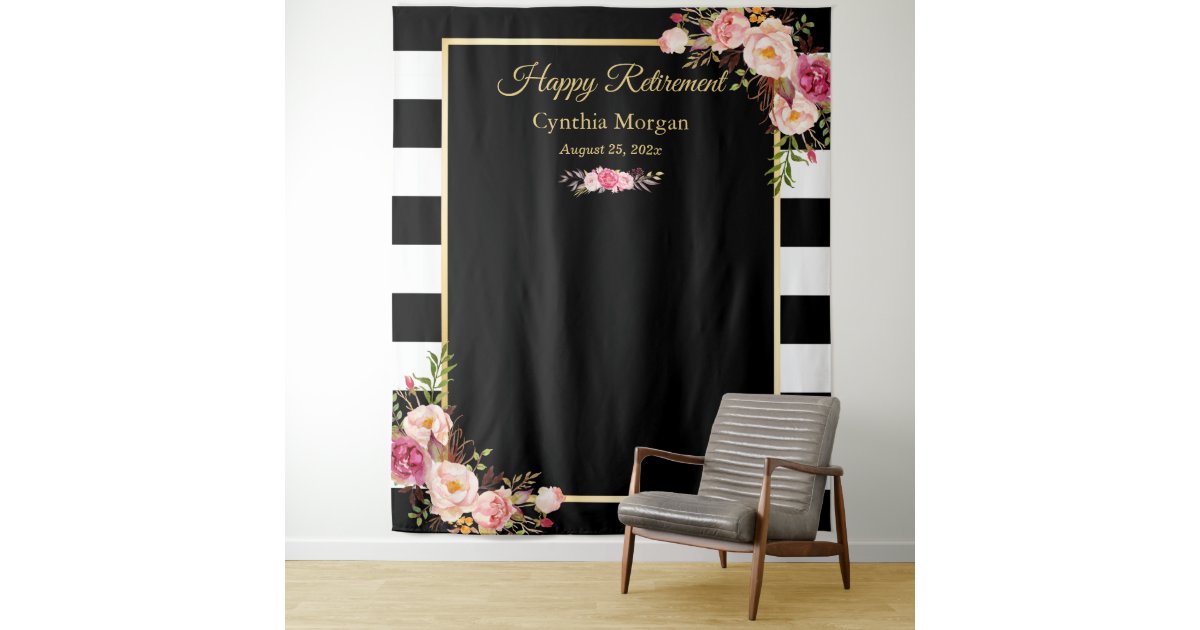 Happy Retirement BW Stripes Floral Backdrop Zazzle