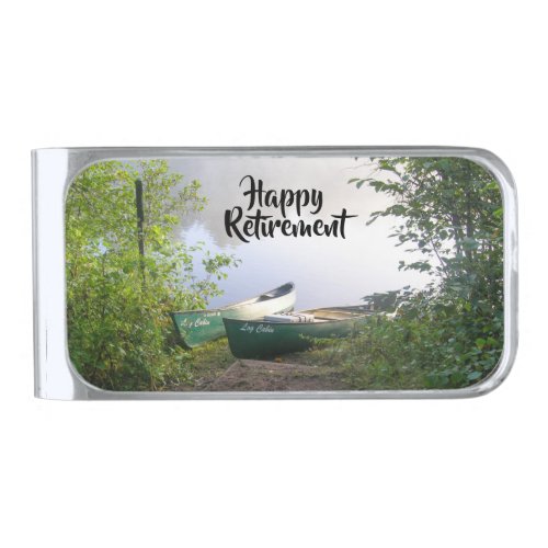 Happy Retirement Canoes on a River at Dawn Silver Finish Money Clip