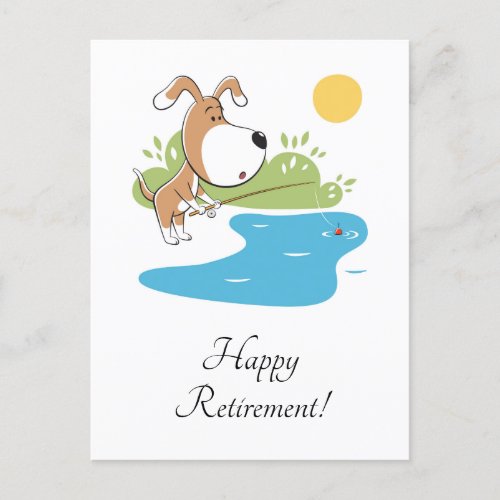 Happy Retirement Cartoon Dog Puppy Fishing Angler Holiday Postcard