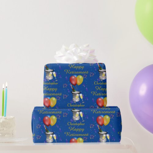 Happy Retirement Celebration Sparkling Wine Blue Wrapping Paper