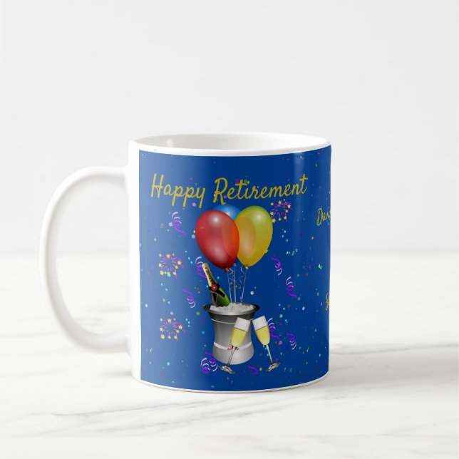 Happy Retirement Celebrations Blue Coffee Mug (Left)