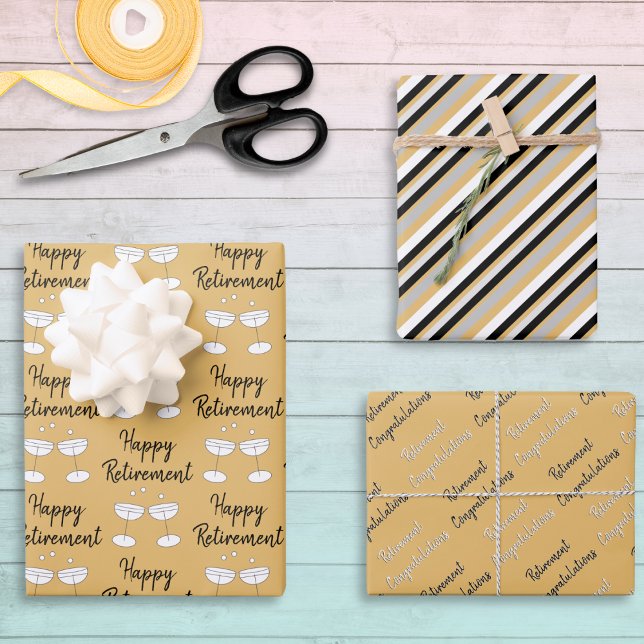 Happy Retirement Congratulations Patterned Set 3 Wrapping Paper Sheets (A set of 3 sheets of wrapping paper with a retirement theme)