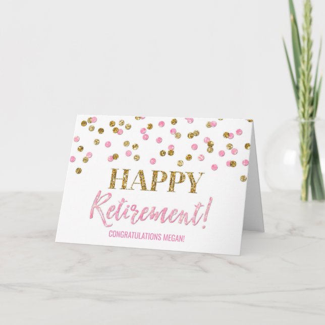 Happy Retirement Congratulations Pink Gold Dots Card (Front)