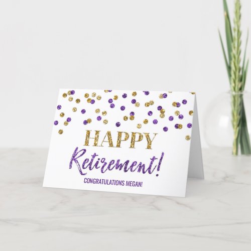 Happy Retirement Congratulations Purple Gold Dots Card