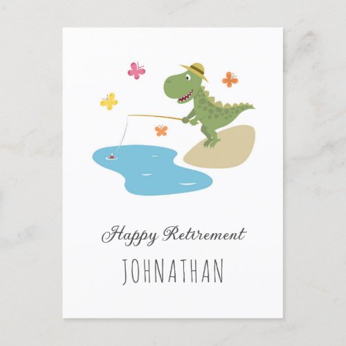 Happy Retirement Cute Cartoon Dinosaur Fishing  Postcard