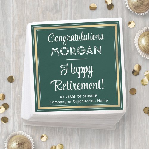 Happy Retirement Elegant Green and Gold Party Napkins