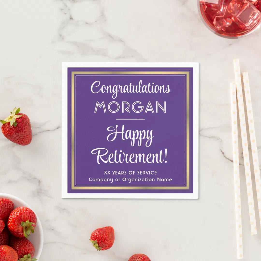 Happy Retirement Elegant Purple and Gold Party Napkins (Insitu)